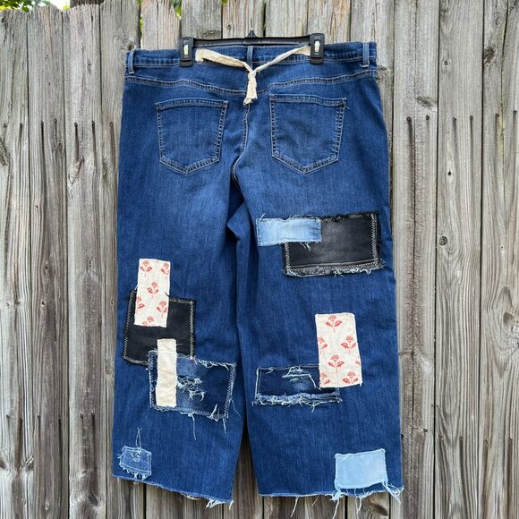 Upcycled Reworked Patched Hippie Boho Distressed Wide Leg Jeans size 20W - Picture 9 of 14